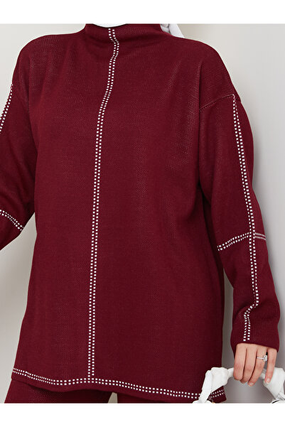 MY QILAM Women's Hijab Set Patterned Half Turtleneck Knitwear Bottom and Top Set Burgundy