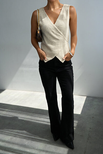 LOOSH Kadın Bej Bağcıklı Kruvaze Triko Yelek