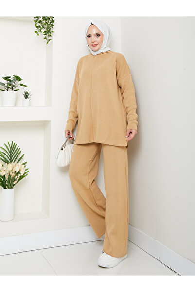 MY QILAM Women's Hijab Set Half Turtleneck Sweater Pants Bottom Top Knitwear Set Beige
