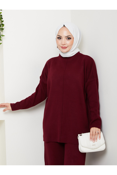 MY QILAM Women's Hijab Set Half Turtleneck Sweater Pants Bottom Top Knitwear Set Burgundy