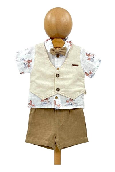 Dumledo Muslin Patterned White Shirt, Cream Vest, Brown Bow Tie and Shorts 4-...