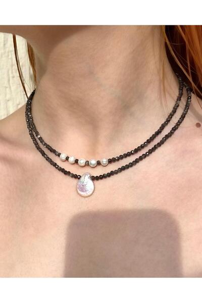 eyla collection Perlidian – Double Steel Necklace Set with Obsidian & Real Pearl Detail