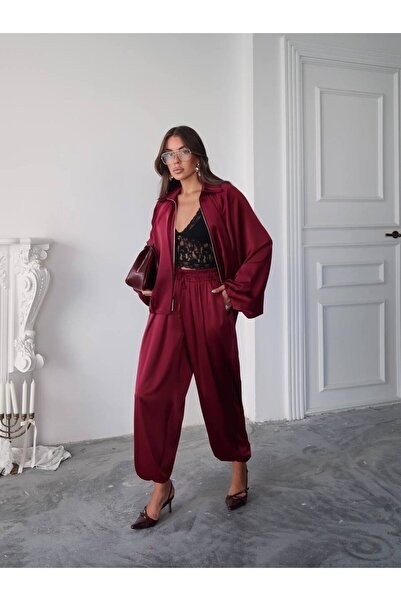 Miss Beyoğlu Kadın Yeni Sezon Bordo Saten Bomber Ceket ve Şalvar Pantalon Alt...