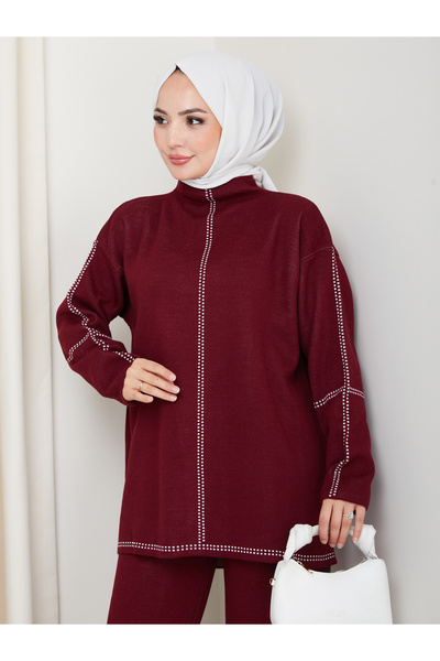MY QILAM Women's Hijab Set Patterned Half Turtleneck Knitwear Bottom and Top Set Burgundy