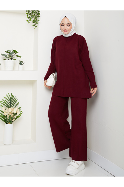 MY QILAM Women's Hijab Set Half Turtleneck Sweater Pants Bottom Top Knitwear Set Burgundy