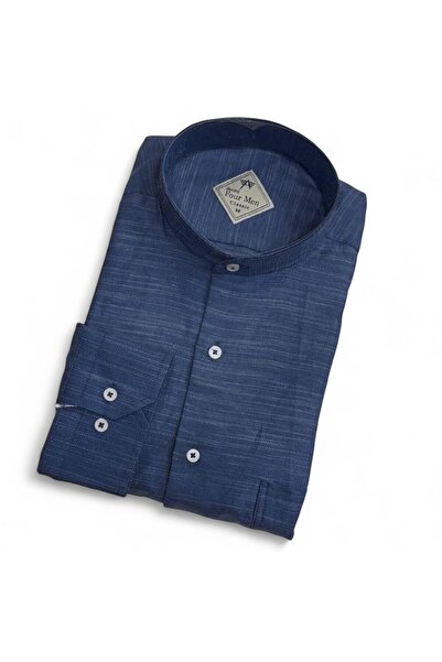 EREN STYLE Linen Classic 100% Cotton Long Sleeve Anti-Sweat High Collar Blue Shirt (Regular Fit)
