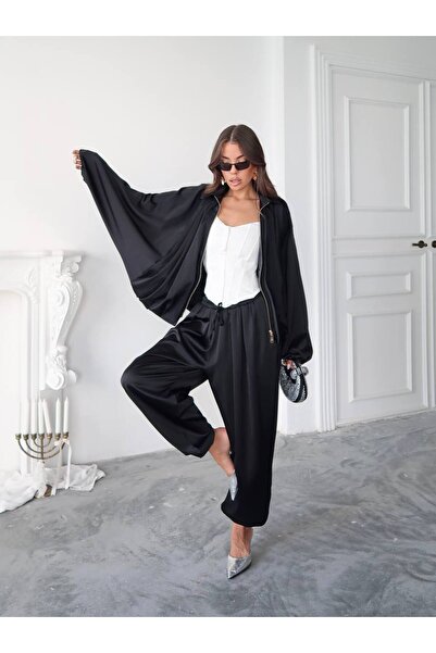 Miss Beyoğlu طقم نسائي للموسم الجديد يتكون من سترة بومبر سوداء من الساتان وبن...