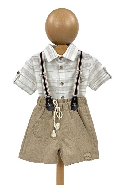 Dumledo White Striped Shirt, Brown Shorts with Pockets and Suspender 3-Piece ...