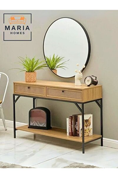 MARIA HOMES Modern Industrial Console Table with Ratan Storage Drawers – 120x35x40cm for Entryway or Living Room
