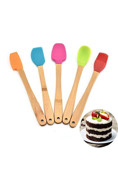 mucit home Set of 5 Colorful Bamboo Handle Silicone Tip Spatula Brush Spoon Set