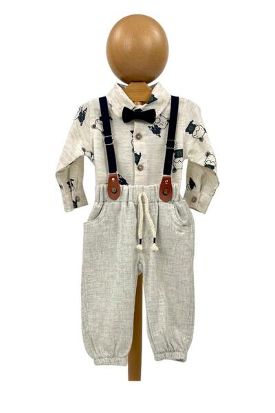 Dumledo Teddy Bear Patterned Shirt, Pants, Bow Tie and Suspender 4-Piece Baby...