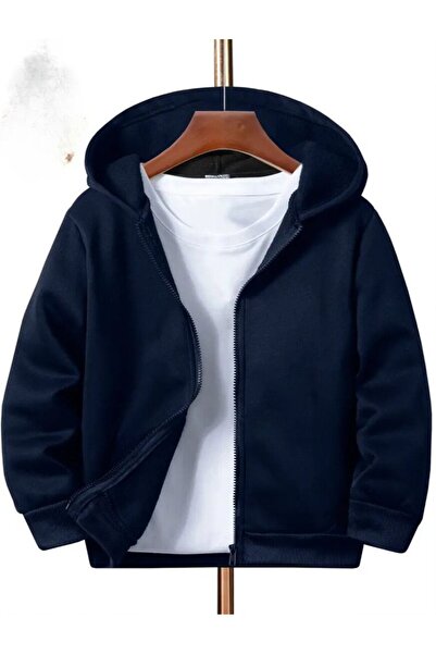 Baxia Kız-erkek Çocuk DÜZ RENK Baskısız Kapşonlu Hırka Sweatshirt LACİVERT RENK