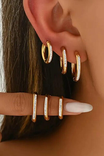 Jaida Moda Unisex 3 Piece Ring Zircon Stone Steel Earring Set – 3 Different Sizes