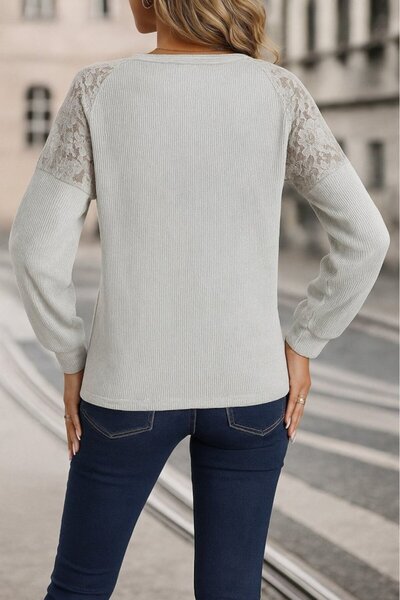 buğrahayalin Women's Long Sleeve V Neck Lace Waffle Blouse