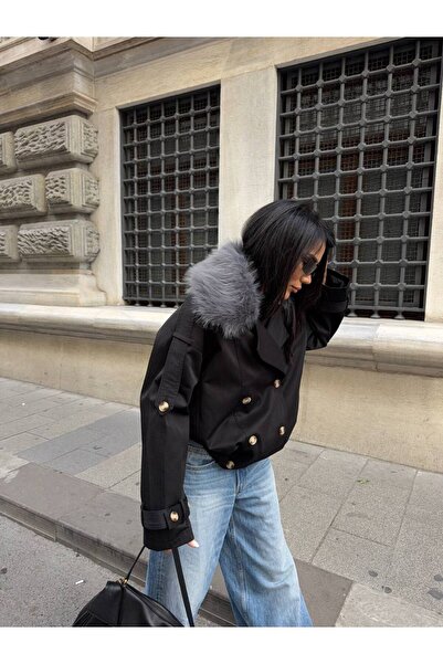 Miss Beyoğlu Kadın Yeni Sezon Kürklü Kısa Trençkot