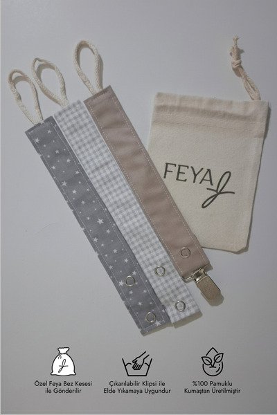 Feya Vika 3'lü Yıldız, Pötikare Desenli & Düz Pamuklu Yıkanabilir Emzik Askıs...