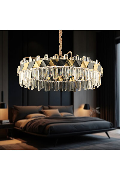 Store Lüks Modern Sarkıt Kristal Taşlı Led Avize Gold Sarı Kumandalı Kademeli 3 Renk Işık 55 Cm Çap