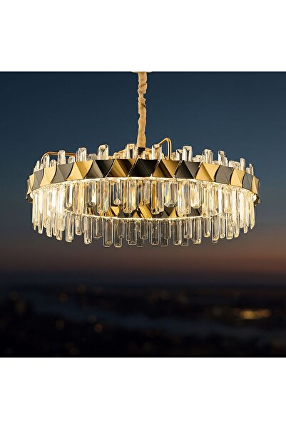 Store Lüks Modern Sarkıt Kristal Taşlı Led Avize Gold Sarı Kumandalı Kademeli 3 Renk Işık 55 Cm Çap
