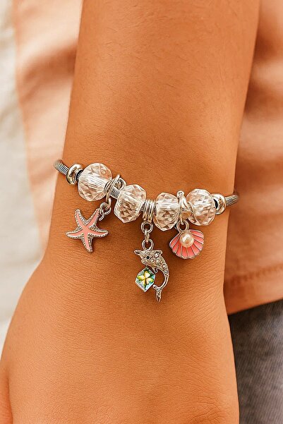 Satış Diyarı Steel Charm Bracelet with Starfish Dolphin Pearl Oyster Design Adds Value to Your Style