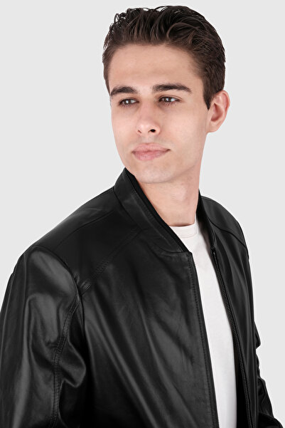 Şahan Deri Denizli Erkek Siyah Trikolu Hakiki Deri Mont