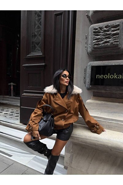 Miss Beyoğlu Kadın Yeni Sezon Kürklü Kısa Trençkot