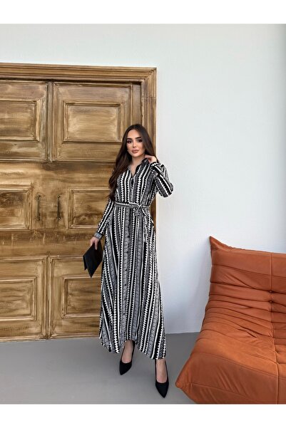 diloş butik Lazer Desen Kuşaklı Gömlek Elbise