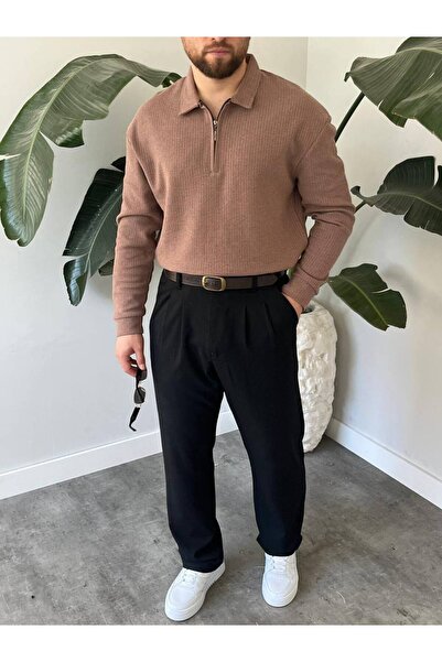 Gambocci Мъжка блуза с поло яка, дълъг ръкав, цип, лека, свободна плетка