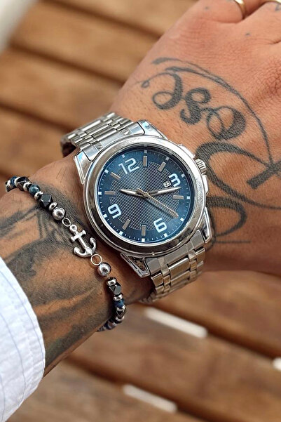 Fjellor Gümüş Metal Kordonlu, Lacivert Kadranlı, Beyaz Rakamlı ve Takvim Göst...