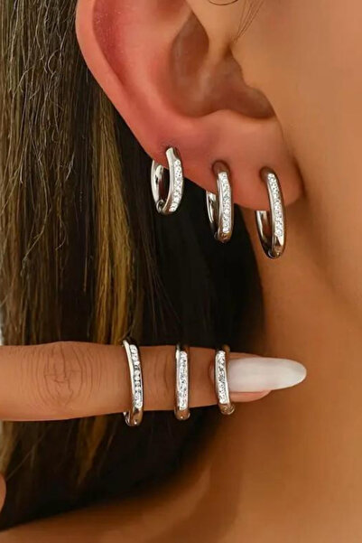 Jaida Moda Unisex 3 Piece Ring Zircon Stone Steel Earring Set – 3 Different Sizes