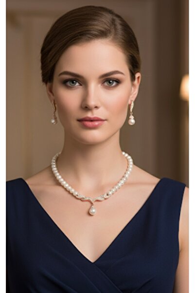 Manu Collection Kadın gold detaylı taşlı inci kolye küpe set sınırlı sayıda ö...