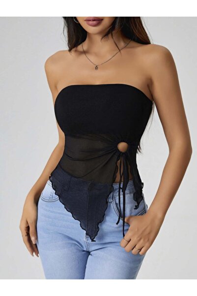 miyrem Women's Black Crop Top with Front Ring Detail 5094