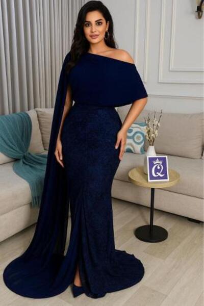 MEZON FASHION Navy Blue Lace Cape Chiffon Dress