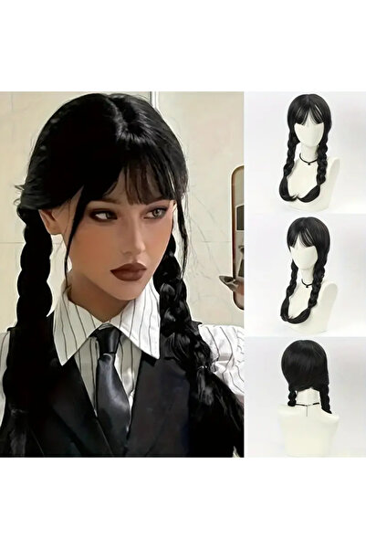 Butic Wednesday Çarşamba Gotik Kız Dizi Karakteri Cosplay Siyah Örgülü Saç Se...