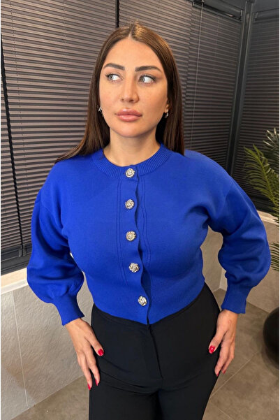 MİR STORE Saks Mavi Balon Kollu Çiçek Düğme Detaylı Kısa Hırka