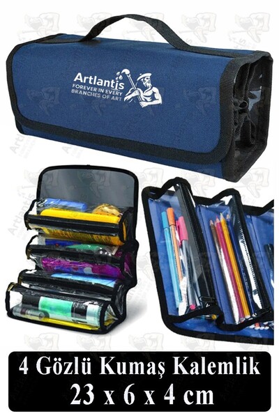 Artlantis 4 Gözlü Kalem Çantası 1 Adet Dört Bölümlü Kalemlik Sanatsal Şeffaf Bölmeli Kulplu Taşınabilir Kumaş