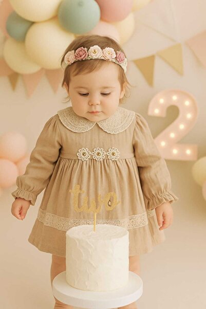 Renata's Kız Bebek Çocuk %100 Pamuklu Organik Dantel Oya Detaylı Bej Elbise