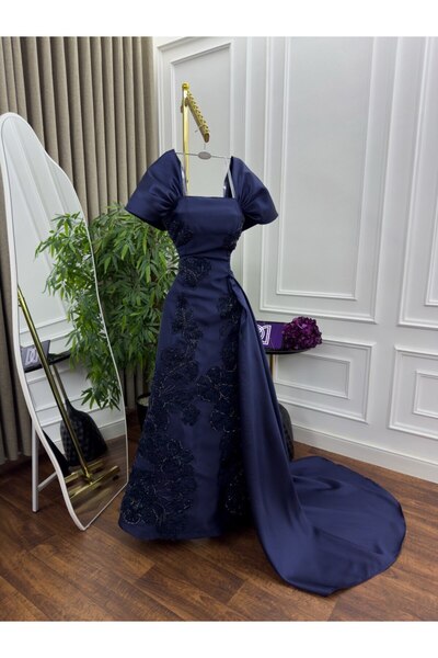 MEZON FASHION Navy Blue Evening Gown with Long Train