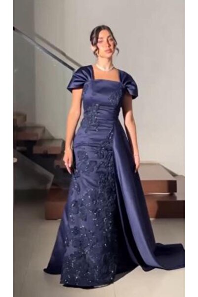 MEZON FASHION Navy Blue Evening Gown with Long Train