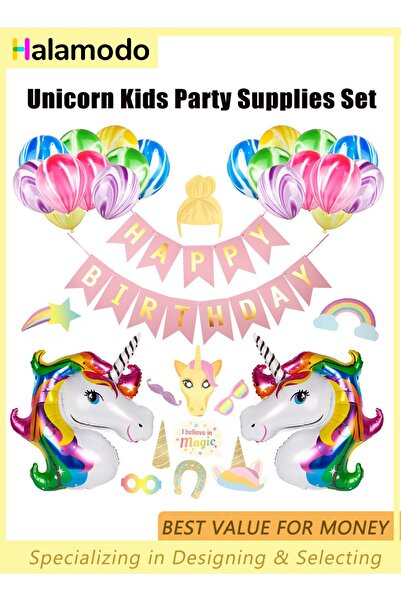 HALAMODO مجموعة زينة بالونات عيد ميلاد سعيد، مجموعة لوازم حفلات الأطفال على شكل يونيكورن، للاستخدام الداخلي والخارجي