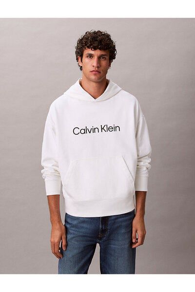 Calvin Klein Erkek Kapşonlu Yaka Uzun Kol Pamuklu Regular Fit Beyaz Sweatshirt LV14LD229G-YAF