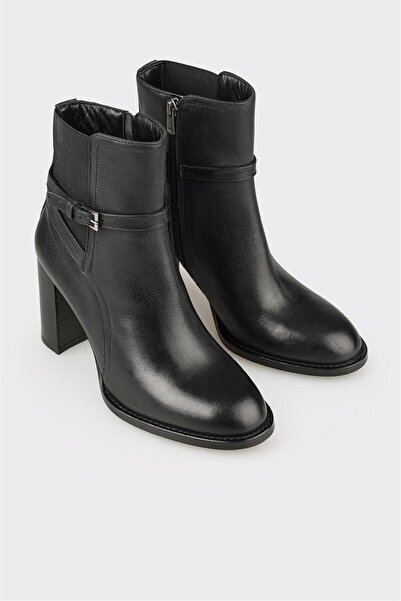 Elle Shoes Siyah Deri Kadın Yüksek Topuk Bot