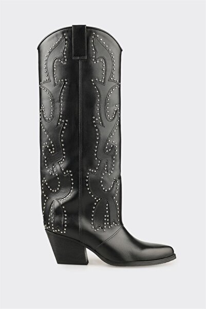 Elle Shoes Siyah Deri Kadın Western Çizme