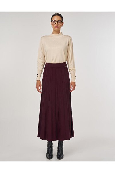 Kayra Knitwear Skirt with Stitch Detail Burgundy