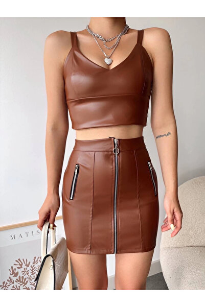 By Mop Leather Skirt with Three Zippers Coffee S24510