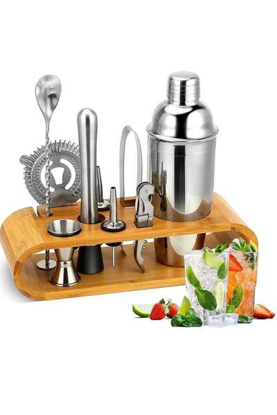 Saharaz Cocktail Shaker Set, 9 Pcs Stainless Steel Bartender Kit for Drink Mixing with Bamboo Stand (750ml)