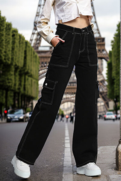 Asortix Kız Çocuk Yüksek Bel Ters Beyaz Dikiş Kargo Cep Kot Pantolon