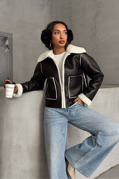 Caddebostan Moda معطف نسائي من الجلد المصفح باللون الأسود الكريمي، تصميم عصري...