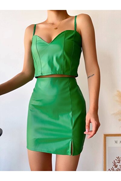 Işıltı kidss Single Slit Back Zipper Leather Skirt Green S24475
