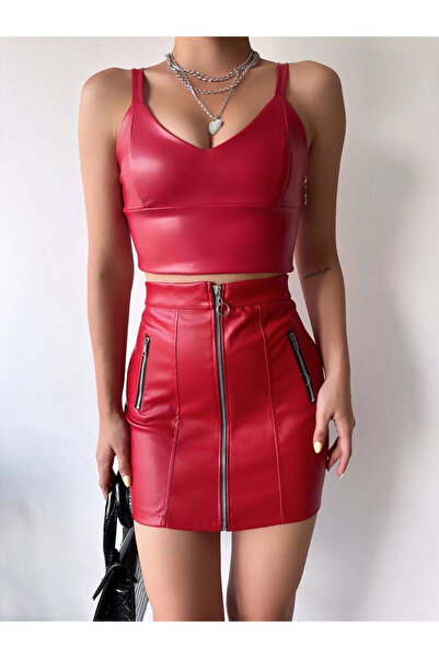 Işıltı kidss Three-zippered leather skirt burgundy s24510