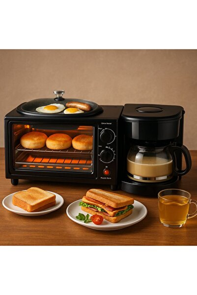 EMATTERIO Multifunctional 3-in-1 Breakfast Maker with 9L Oven, Grill and 600ml Coffee Maker, Compact and Efficient